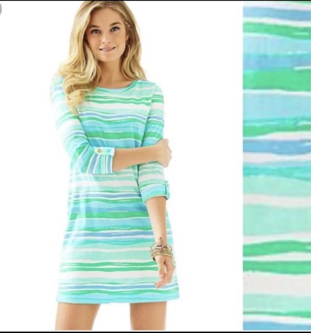 Lilly Pulitzer Women's Linden Pima Cotton Dress Blue Green Sea Stripe Size XS